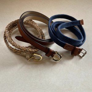 3 Women's Skinny Belts - Blue, Gold, and Brown